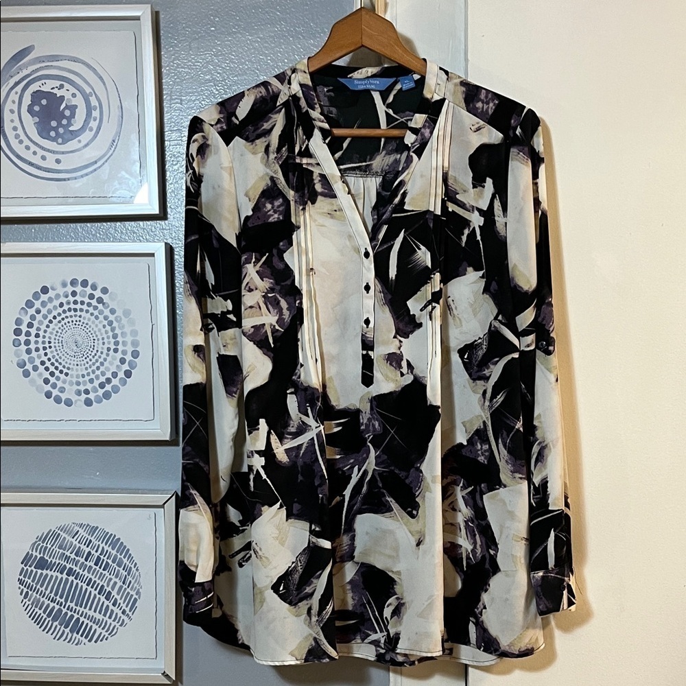 Simply Vera Vera Wang Black and Cream Abstract Long Sleeve Blouse Size XL
